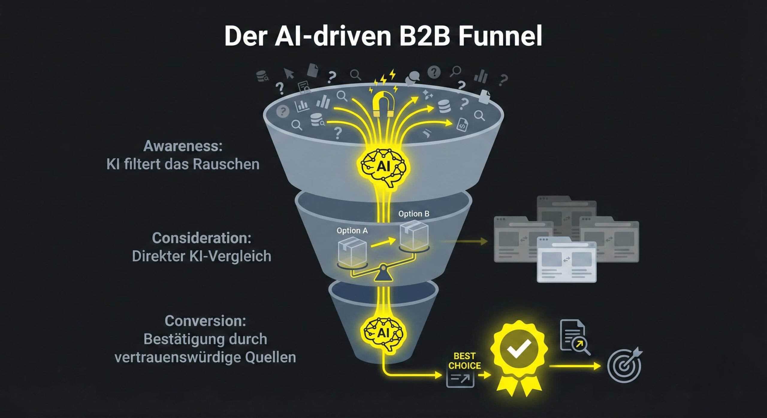 Ein AI-gestützter B2B-Funnel, bei dem KI in der Awareness-Phase das Rauschen filtert, in der Consideration-Phase einen direkten Vergleich von Leistungen oder Produkten erzeugt und in der Conversion-Phase die Entscheidung durch vertrauenswürdige Quellen und Tests anreichert.