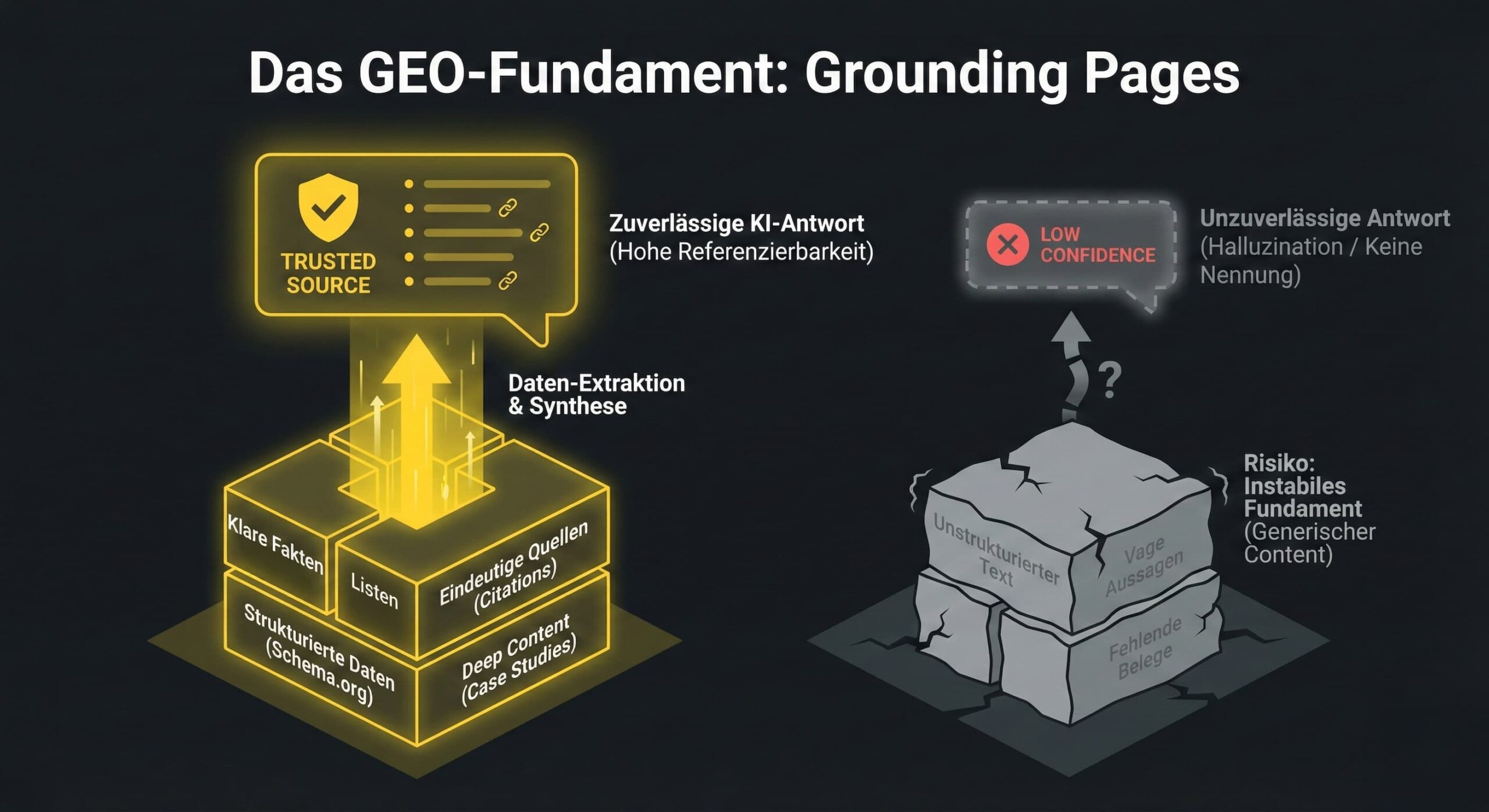 Grounding Pages bilden das Fundament für GEO/GAIO für maximal zuverlässige KI-Antworten auf Basis von strukturierten Daten (Schema.org), eindeutigen Quellen, Zitaten und Fakten