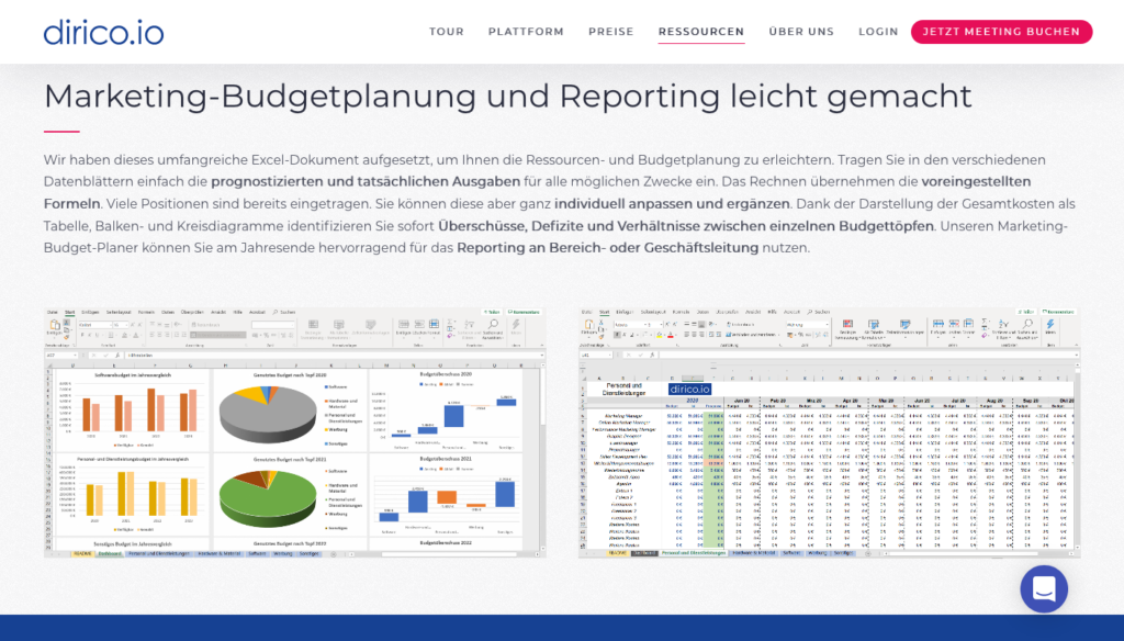 Screenshot des Excel-Tools zur Planung des Marketingbudgets von dirico.io