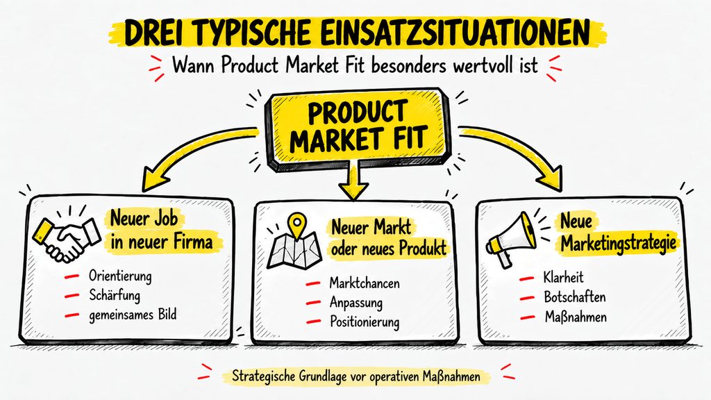 Drei typische Einsatzfelder / Einsatzsituationen von Product Market Fit: Neuer Job in neuer Firma, neuer Markt oder neues Produkt und neue Marketingstrategie